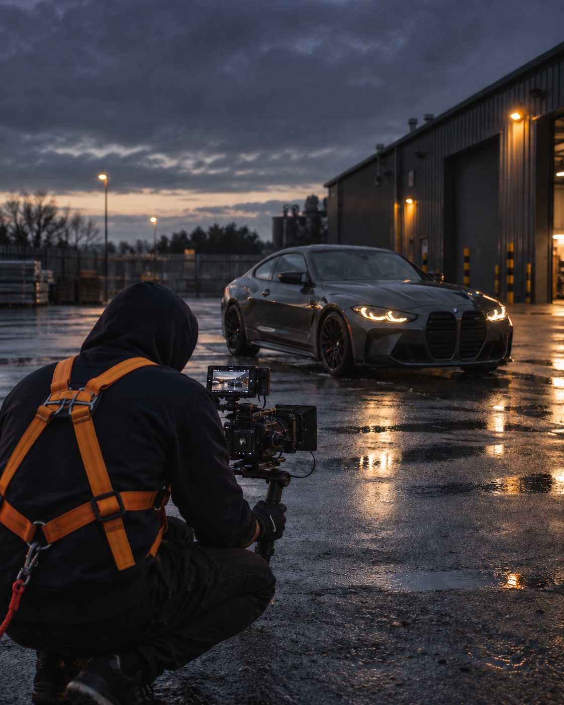 Wavey in his orange harness filming a graphite performance coupe on a rain-soaked forecourt at dusk