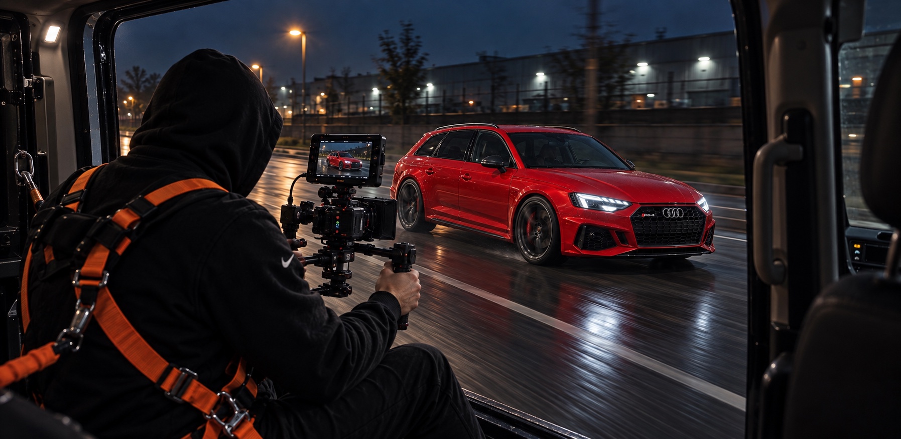 View from behind a cameraman using a handheld stabilizer through an open side door to film a red Audi RS4 Avant driving alongside